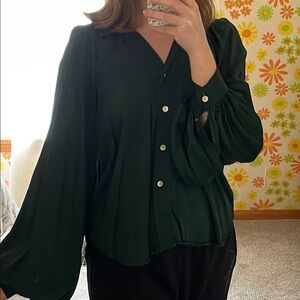 Venti6 Silk/Viscose Blend Emerald Green Button Down Bishop Sleeve Blouse